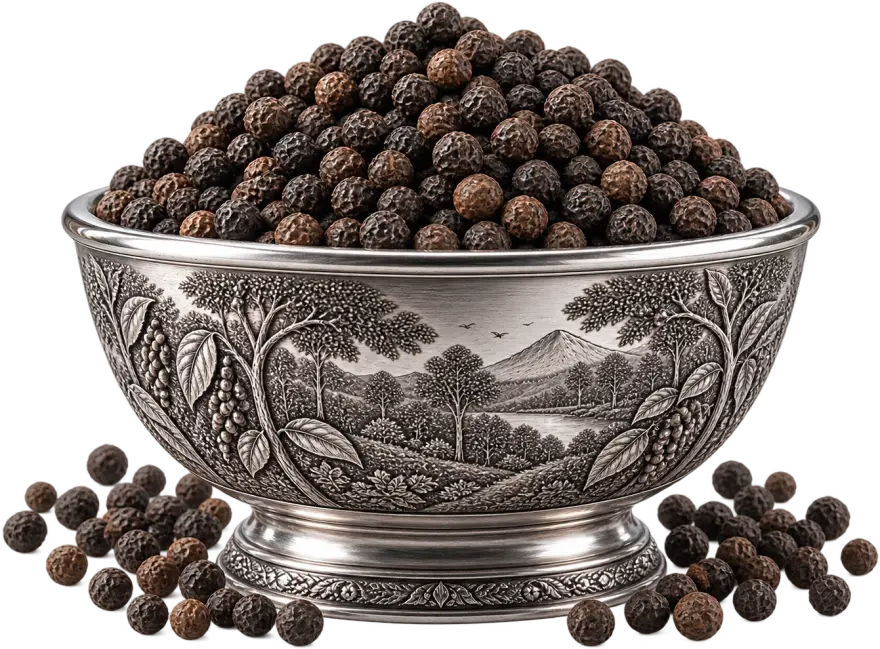 Lampong black peppercorns heaped in an engraved silver bowl, loose corns scattered at its base