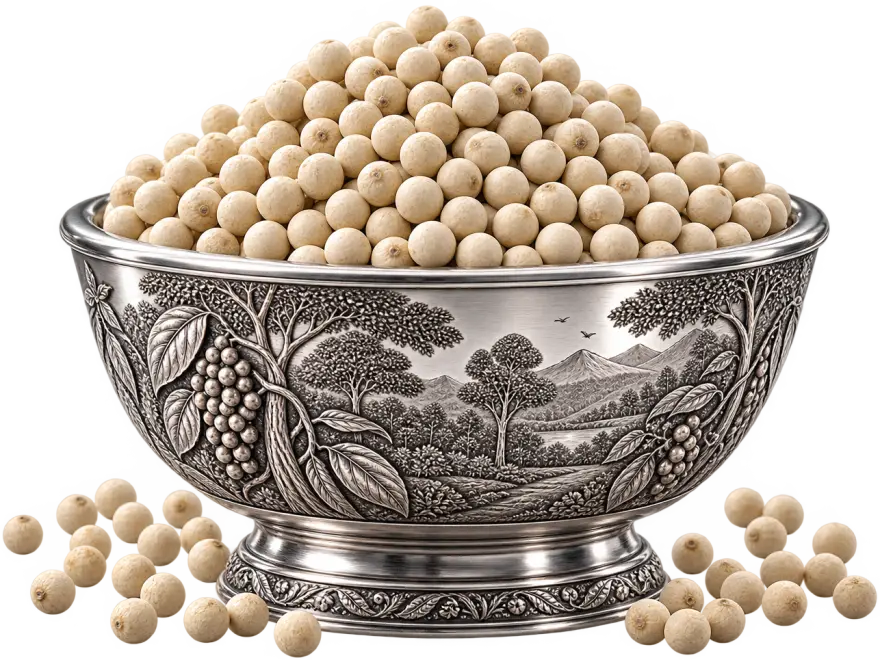 Muntok white peppercorns heaped in an engraved silver bowl, loose corns scattered at its base